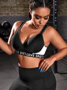 Yoga Basic Plus Letter Tape Panel Two Tone Sports Bra - Black and White - View 1