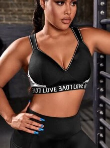 Yoga Basic Plus Letter Tape Panel Two Tone Sports Bra - Black and White - View 5