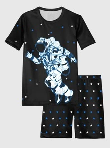 Tween Boy太空人和星星印花短袖上衣，搭配短褲貼身家居服 - 黑色 - 查看 1
