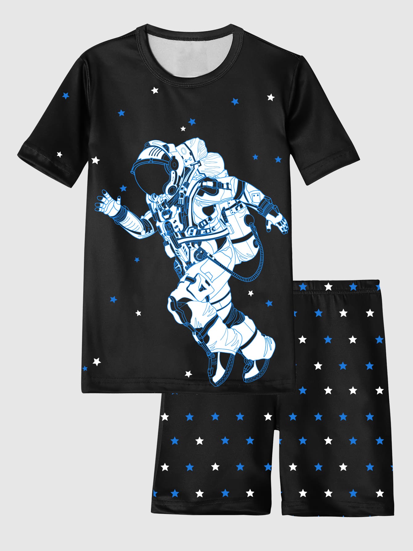 Tween Boy太空人和星星印花短袖上衣，搭配短褲貼身家居服 - 黑色 - 查看 1