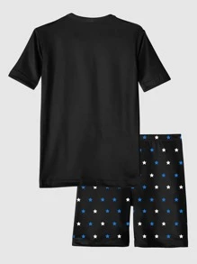 Tween Boy太空人和星星印花短袖上衣，搭配短褲貼身家居服 - 黑色 - 查看 2