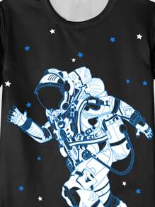 Tween Boy太空人和星星印花短袖上衣，搭配短褲貼身家居服 - 黑色 - 查看 3