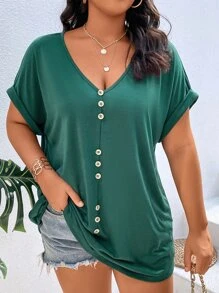 SHEIN LUNE 大碼前紐扣蝙蝠袖T恤 - 綠色 - 查看 3