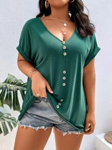 SHEIN LUNE 大碼前紐扣蝙蝠袖T恤 - 綠色 - 查看 4