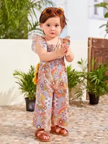 SHEIN Mono Con Estampado Floral Y Borde De Volantes Para Bebés Niña - Naranja - Ver 1