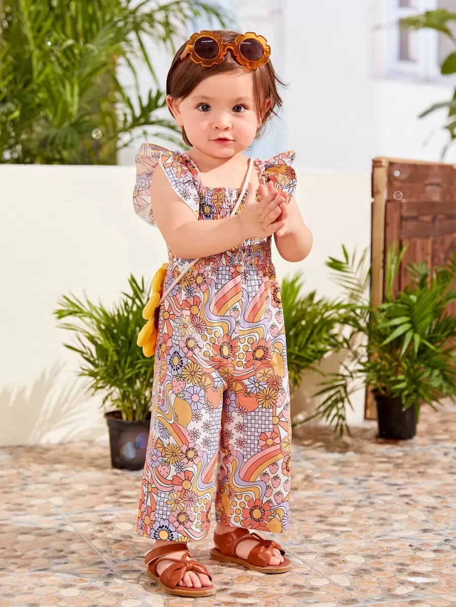 SHEIN Mono Con Estampado Floral Y Borde De Volantes Para Bebés Niña - Naranja - Ver 1