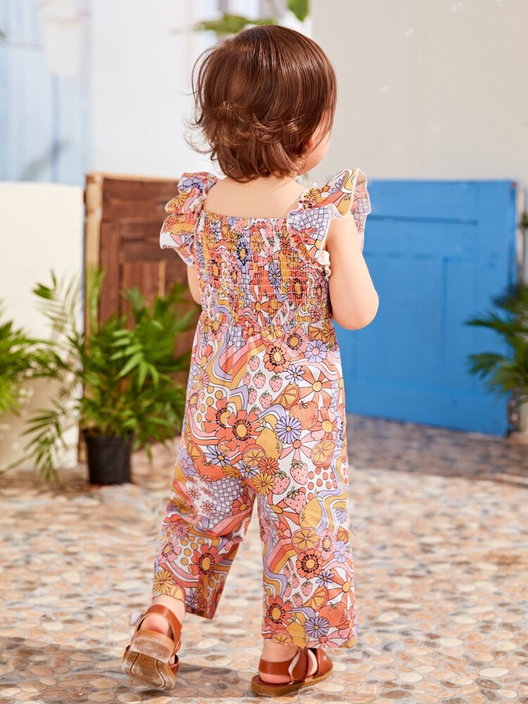 Baby Girl Floral Print Ruffle Trim Jumpsuit