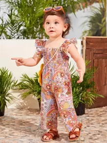 SHEIN Mono Con Estampado Floral Y Borde De Volantes Para Bebés Niña - Naranja - Ver 3