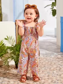 SHEIN Mono Con Estampado Floral Y Borde De Volantes Para Bebés Niña - Naranja - Ver 5