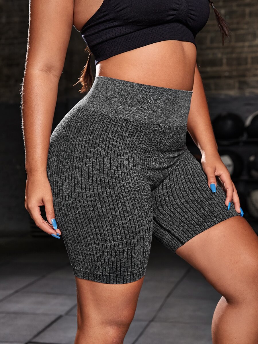 Yoga Basic 寬領口彈力肋針運動短褲，單車褲 - 灰色 - 查看 1