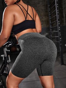 Yoga Basic 寬領口彈力肋針運動短褲，單車褲 - 灰色 - 查看 2