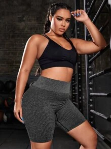 Yoga Basic 寬領口彈力肋針運動短褲，單車褲 - 灰色 - 查看 6