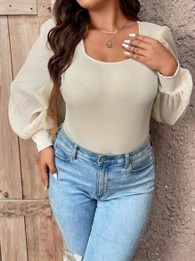 SHEIN LUNE Body de cuello scoop de manga farol tejido de canalé - Albaricoque - Ver 1