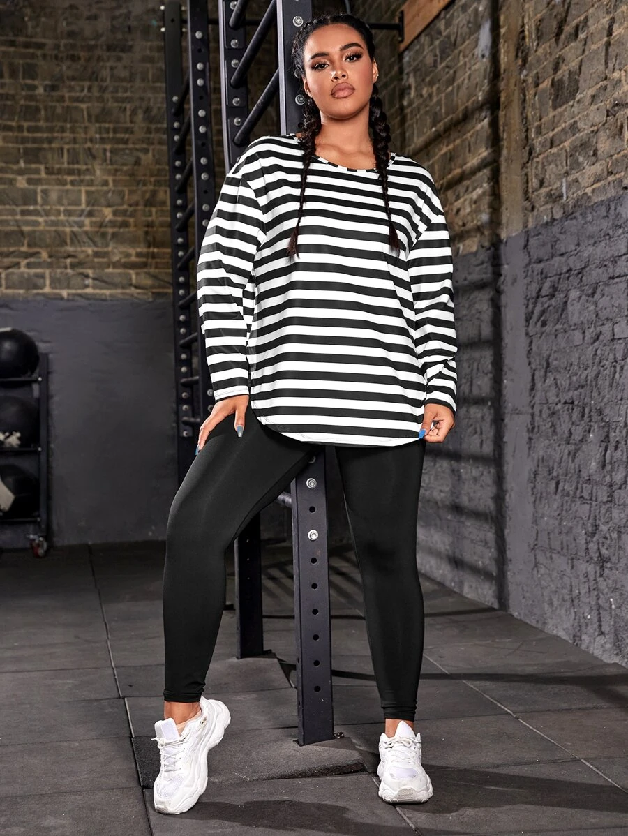 Yoga Trendy Plus Striped Drop Shoulder Sports Tee & Leggings - Black and White - View 1
