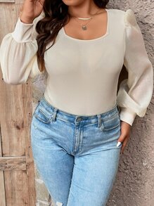 SHEIN LUNE Body de cuello scoop de manga farol tejido de canalé - Albaricoque - Ver 6