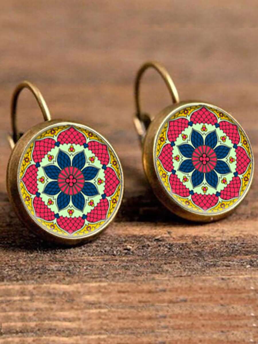 Mandala Pattern Round Stud Earrings - Multicolor - View 1