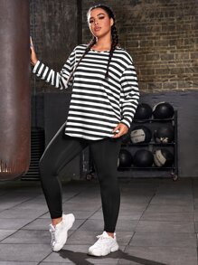 Yoga Trendy Plus Striped Drop Shoulder Sports Tee & Leggings - Black and White - View 4