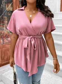 SHEIN Clasi Plus Surplice Neck Belted Blouse - Dusty Pink - View 1