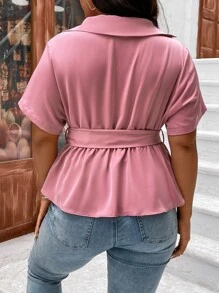 SHEIN Clasi Plus Surplice Neck Belted Blouse - Dusty Pink - View 2