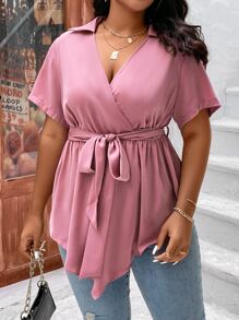 SHEIN Clasi Plus Surplice Neck Belted Blouse - Dusty Pink - View 3