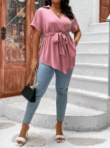 SHEIN Clasi Plus Surplice Neck Belted Blouse - Dusty Pink - View 4