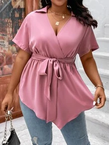 SHEIN Clasi Plus Surplice Neck Belted Blouse - Dusty Pink - View 5
