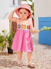 SHEIN Đứa bé gái Hoa Crochet trang trí Váy Dây - Hồng - Xem 1