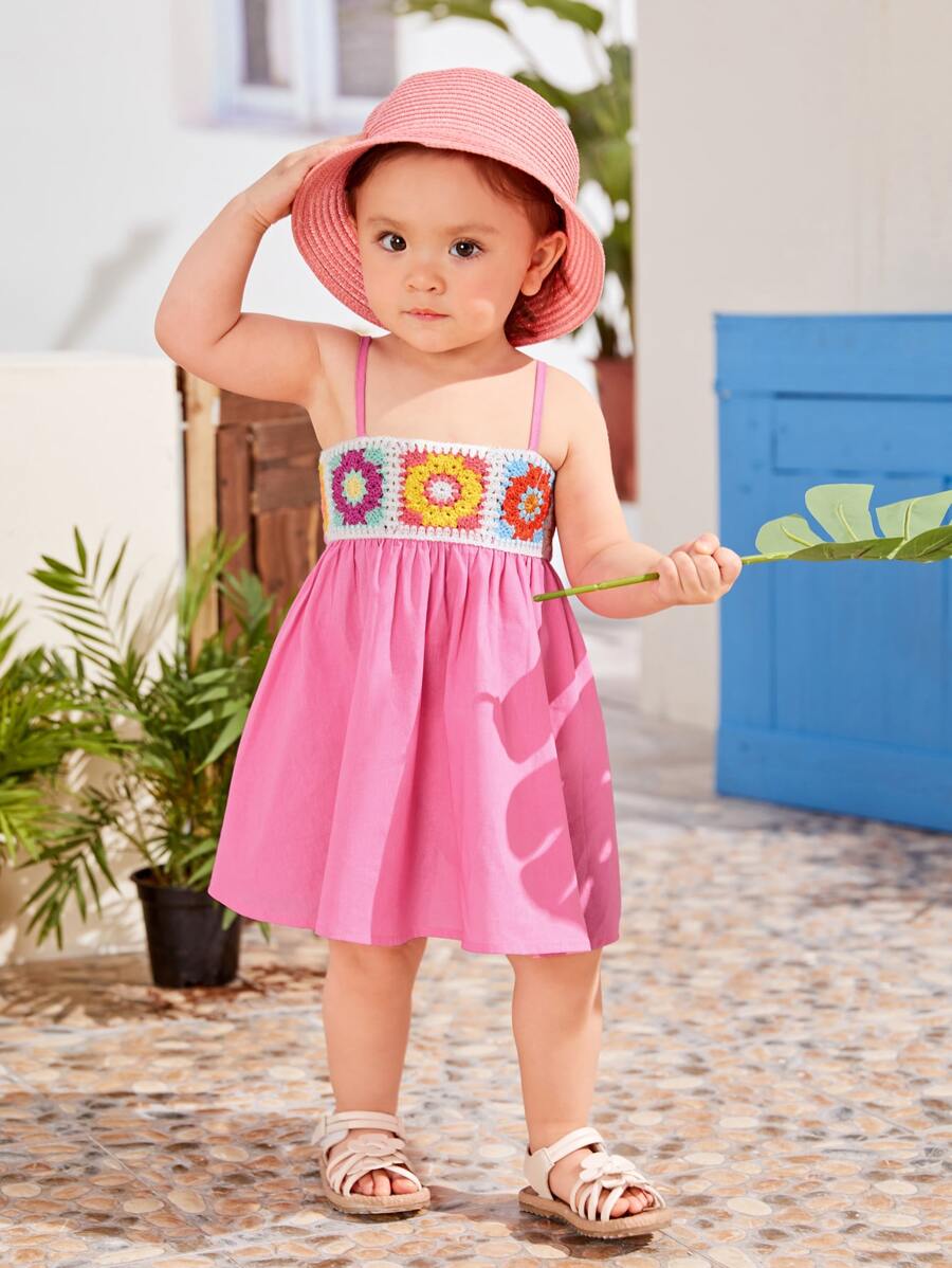 SHEIN Đứa bé gái Hoa Crochet trang trí Váy Dây - Hồng - Xem 1