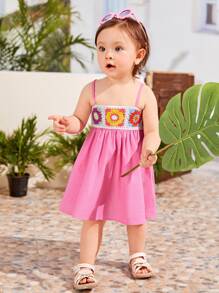 SHEIN Đứa bé gái Hoa Crochet trang trí Váy Dây - Hồng - Xem 5