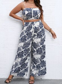 SHEIN Holidaya Plus Tropical Print Cami Top & Wide Leg Trousers - Blue and White - View 1