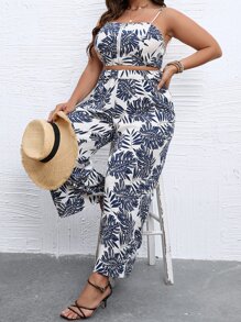 SHEIN Holidaya Plus Tropical Print Cami Top & Wide Leg Trousers - Blue and White - View 4