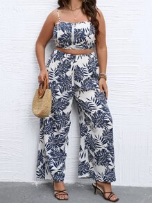 SHEIN Holidaya Plus Tropical Print Cami Top & Wide Leg Trousers - Blue and White - View 5