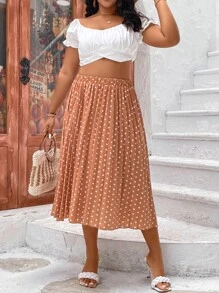 SHEIN LUNE 大碼波點圖案百褶半身裙 - 橘色 - 查看 3