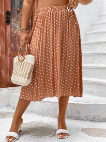 SHEIN LUNE 大碼波點圖案百褶半身裙 - 橘色 - 查看 4