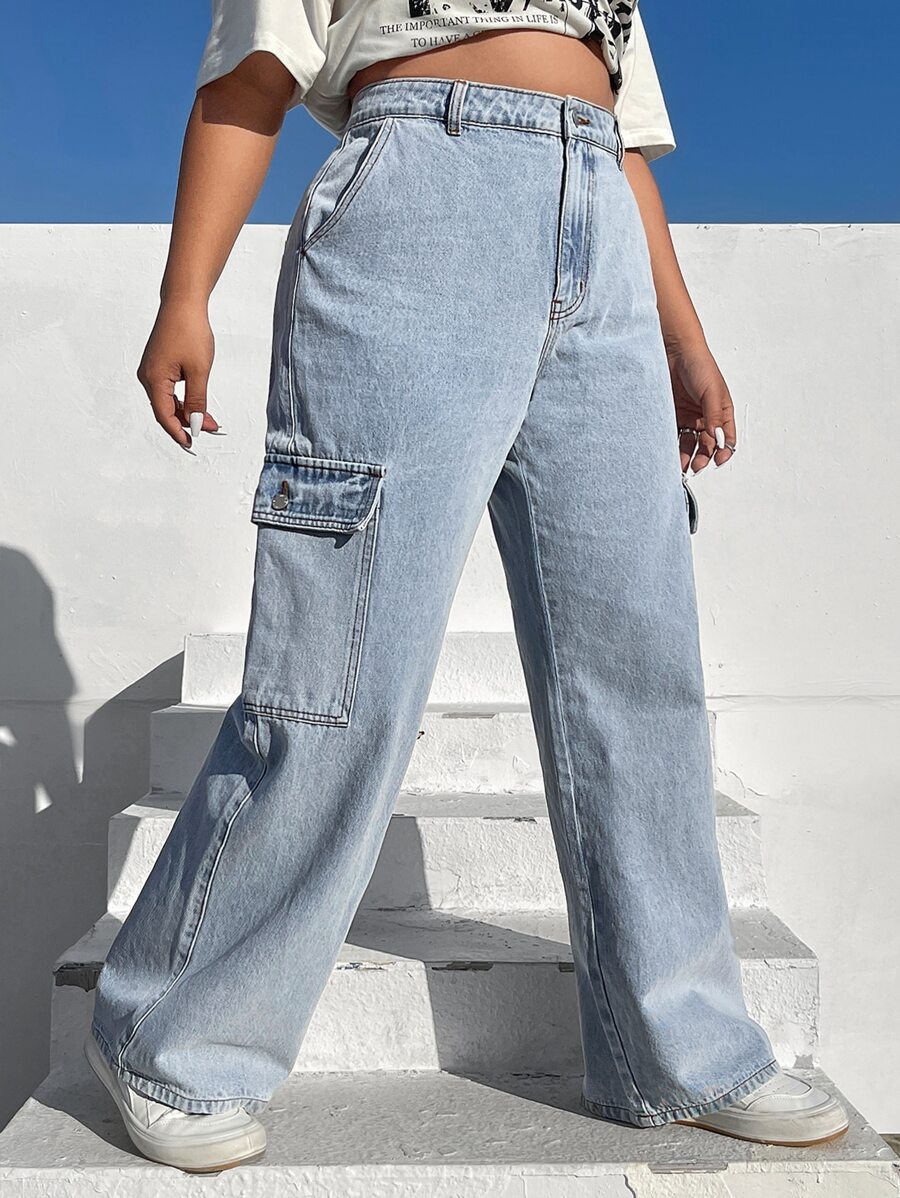 SHEIN ICON Plus Flap Pocket Side Cargo Jeans - Light Wash - View 1