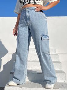 SHEIN ICON Plus Flap Pocket Side Cargo Jeans - Light Wash - View 4