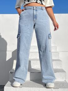 SHEIN ICON Plus Flap Pocket Side Cargo Jeans - Light Wash - View 5