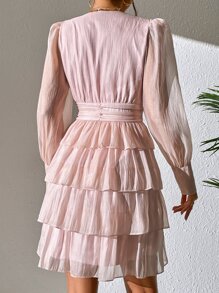 GENKIRA Đầm phân lớp màu trơn Thanh lịch - Hồng - Xem 3