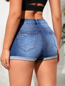 SHEIN Tall Ripped Roll Up Hem Denim Shorts - Blue - View 2