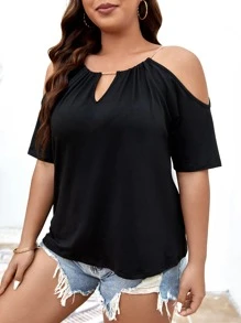 SHEIN Clasi Áo thun Plus size Chuỗi Cắt ra màu trơn Giải trí - màu đen - Xem 3
