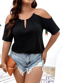 SHEIN Clasi Áo thun Plus size Chuỗi Cắt ra màu trơn Giải trí - màu đen - Xem 4