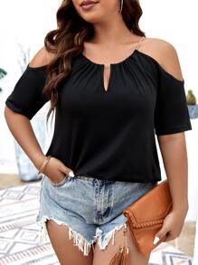 SHEIN Clasi Áo thun Plus size Chuỗi Cắt ra màu trơn Giải trí - màu đen - Xem 5