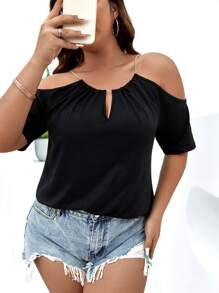 SHEIN Clasi Áo thun Plus size Chuỗi Cắt ra màu trơn Giải trí - màu đen - Xem 6