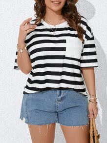 SHEIN LUNE Áo thun Plus size Túi Sọc Giải trí - Đen và trắng - Xem 1