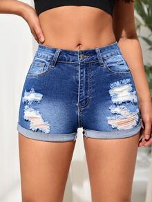SHEIN Tall Ripped Roll Up Hem Denim Shorts - Blue - View 3