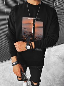 Manfinity Homme Sudadera casual con cuello redondo de manga larga con estampa gráfica de lema y paisaje para hombre, regalo para novio