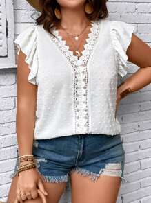SHEIN LUNE Plus Swiss Dot Guipure Lace Panel Butterfly Sleeve Blouse - White - View 1