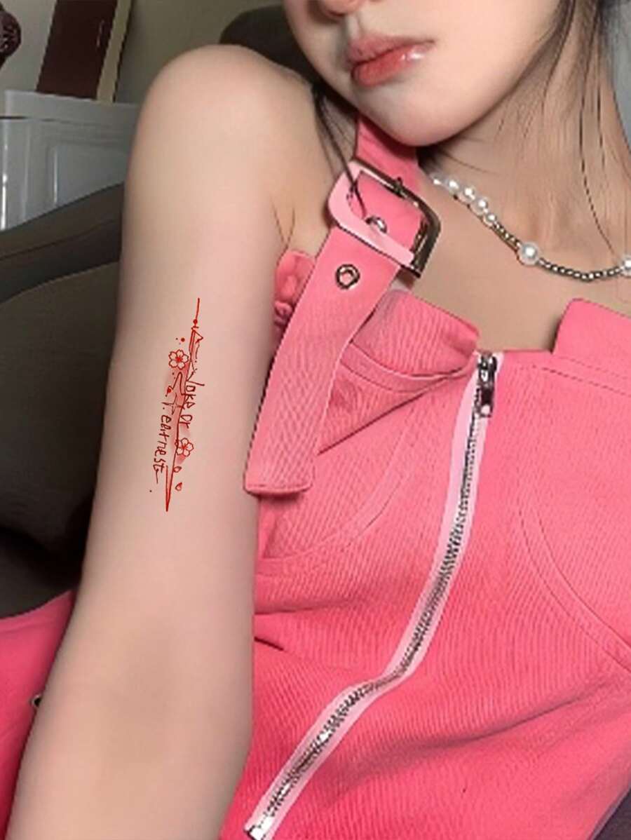 Kits de pegatinas de tatuajes, 4 hojas de tatuajes temporales gráficos de flores y letras para niños, pegatinas de tatuajes para adultos, flor de tatuaje realista, letras, para mujeres y niñas - Rojo - Ver 1