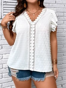 SHEIN LUNE Plus Swiss Dot Guipure Lace Panel Butterfly Sleeve Blouse - White - View 3