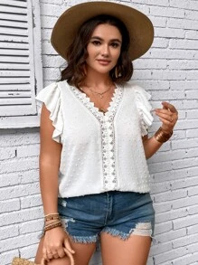 SHEIN LUNE Plus Swiss Dot Guipure Lace Panel Butterfly Sleeve Blouse - White - View 5